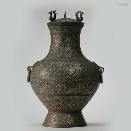 ANCIENT CHINESE BRONZE POT INLAID WITH GOLD