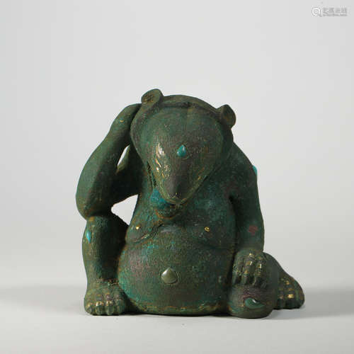 ANCIENT CHINESE BRONZE BEAR INLAID WITH TURQUOISE