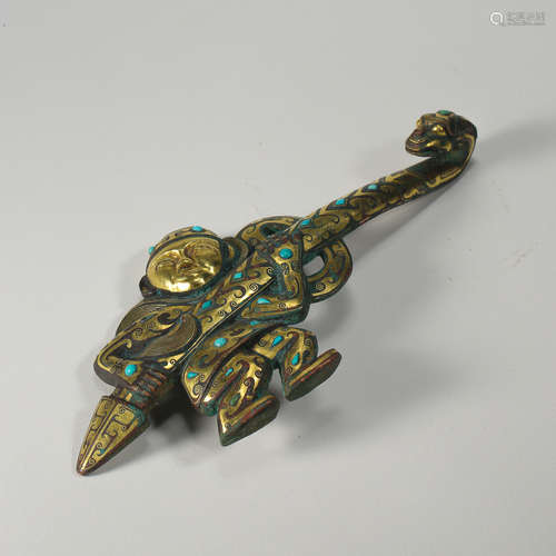 ANCIENT CHINESE BRONZE BELT HOOK INLAID WITH GOLD