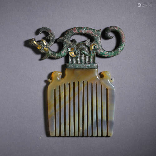 ANCIENT CHINESE BRONZE COMB INLAID WITH JADE