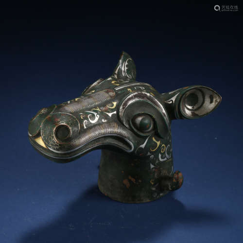 ANCIENT CHINESE BRONZE BEAST HEAD INLAID WITH GOLD