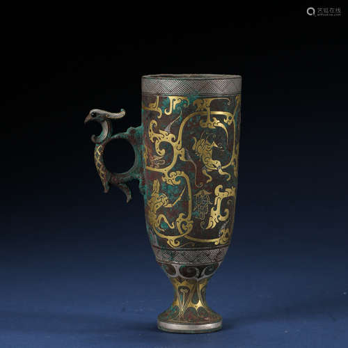 ANCIENT CHINESE BRONZE CUP INLAID WITH GOLD