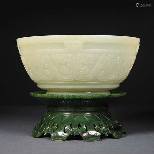 ANCIENT CHINESE HETIAN JADE BOWL WITH GREEN JADE BASE