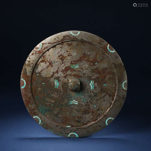 ANCIENT CHINESE BRONZE MIRROR INLAID WITH TURQUOISE