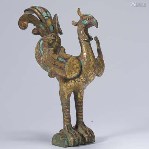 ANCIENT CHINESE CARVED GILT BRONZE PHOENIX FIGURES