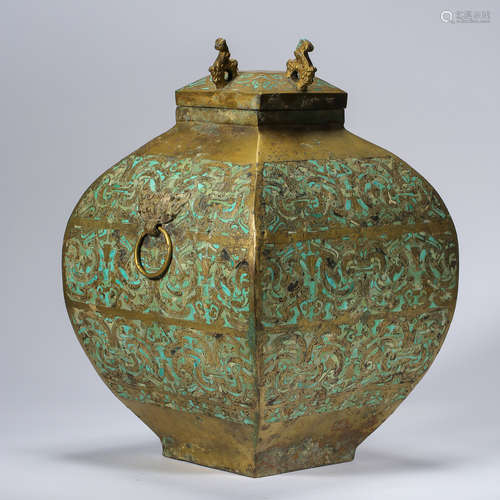 ANCIENT CHINESE GILT BRONZE POT INLAID TURQUOISE