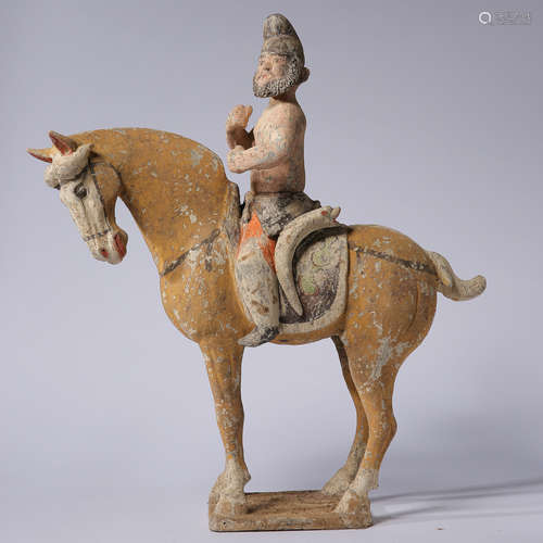 ANCIENT CHINESE POTTERY WITH HU PEOPLE RIDING A HORSE