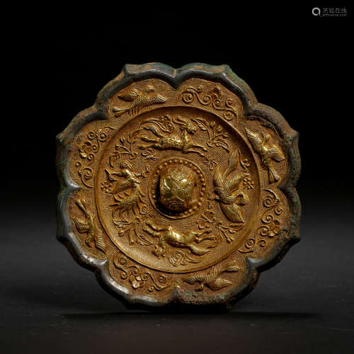 ANCIENT CHINESE BRONZE MIRROR INLAID WITH GOLD