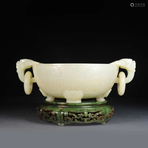 ANCIENT CHINESE HETIAN JADE CENSER WITH GREEN JADE BASE