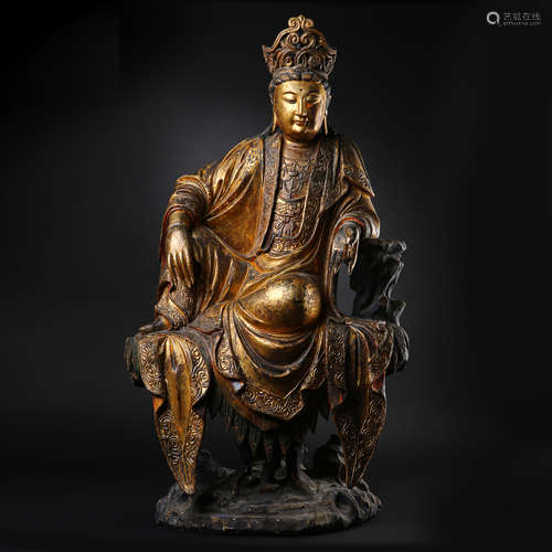 ANCIENT CHINESE CARVED WOODED AVALOKITESVARA SITTING STATUE