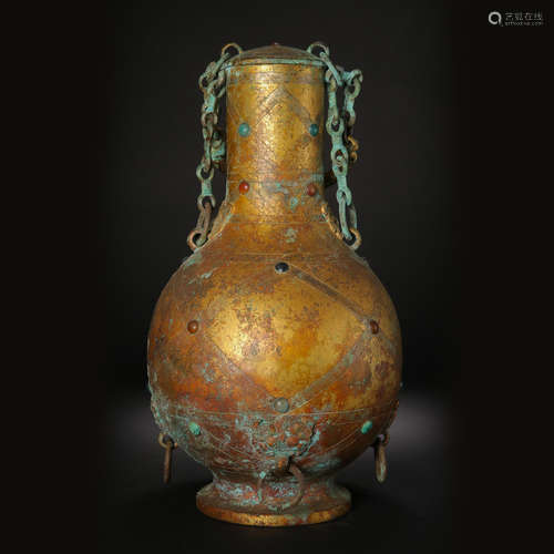 ANCIENT CHINESE GILT BRONZE BOTTLE