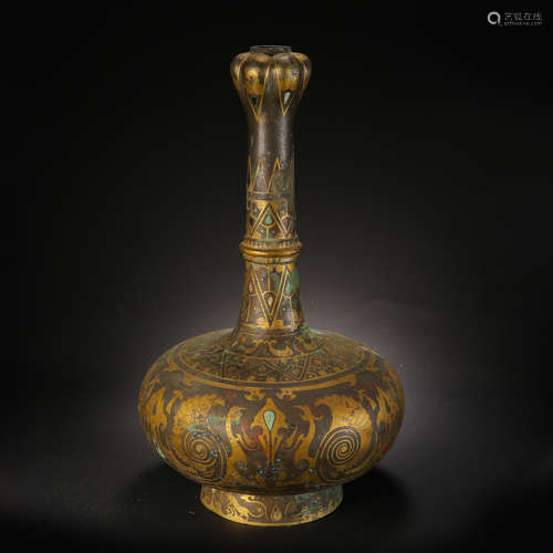 ANCIENT CHINESE PARTLY GILT SILVER BOTTLE