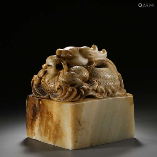 ANCIENT CHINESE HETIAN JADE CARVED DRAGON SEAL