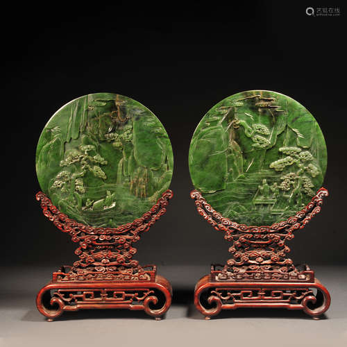 A PAIR OF CHINESE GREEN JADE LANDSCAPE SCREENS