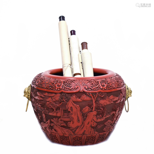 LARGE QING CARVED CINNABAR SCROLL POT