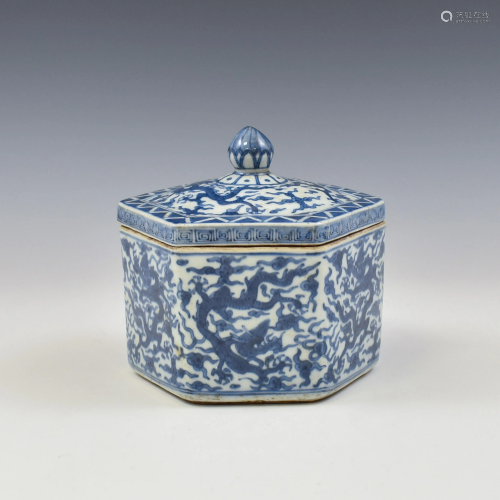 MING WANLI BLUE & WHITE DRAGON HEXAGONA…