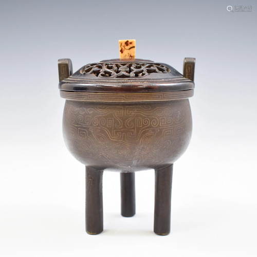 SILVER BRONZE TRIPOD CENSER & JADE FINIAL