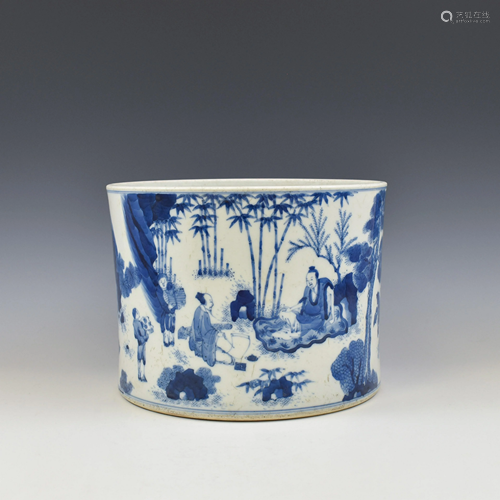 KANGXI BLUE & WHITE FIGURATIVE BRUSH POT