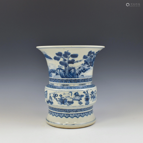 QING BLUE & WHITE LANDSCAPE GU BEAKER VASE