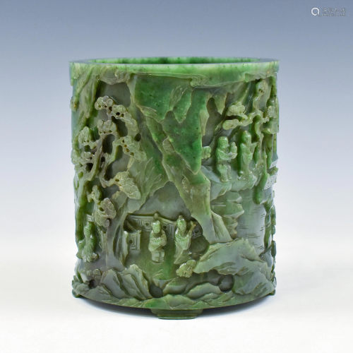 VERY FINE GREEN JADE CARVED BRUSH POT