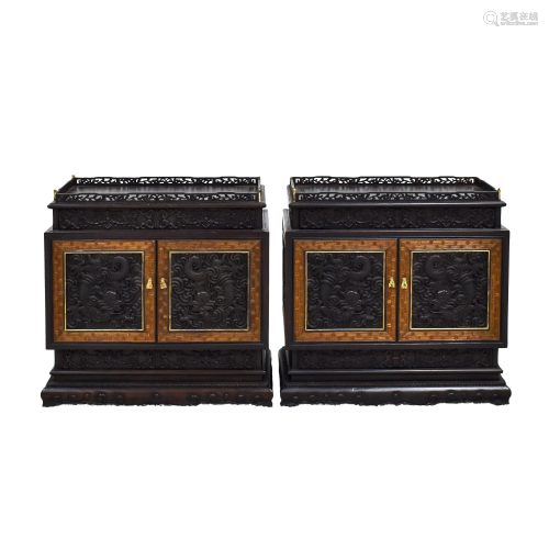 PAIR ZITAN CARVED DOUBLE DOORS CABINETS