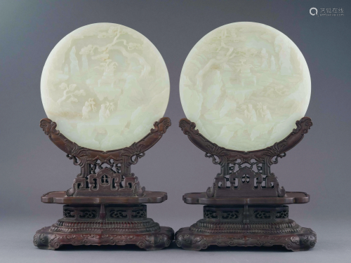 PAIR WHITE JADE CIRULAR TABLE SCREEN