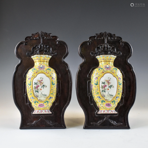 PAIR OF QING FAMILLE JAUNE WALL HANGING VASES