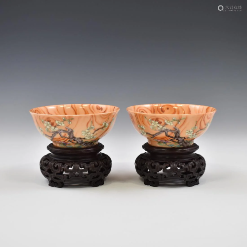 PAIR OF QIANLONG BOWLS ON STAND