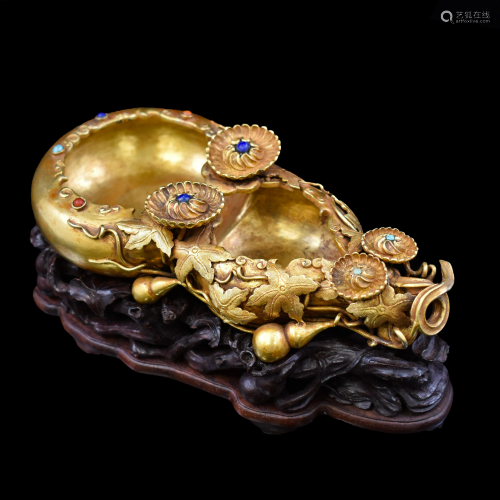 CHINESE GILT BRONZE INLAID DOUBLE GOURD BRUS…