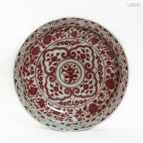 Red Glazed Large Plate with Lotus Branches Pattern