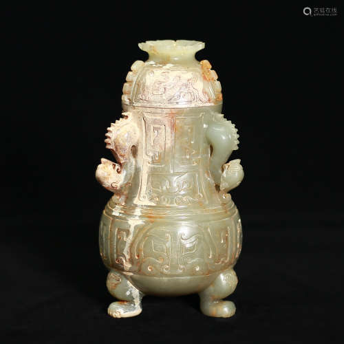 Blue-White Jade Liquor Cup with Lid in Animal Face Pattern with Three Legs