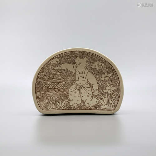 Deng Feng Kiln Child Pillow Porcelain with Carved Pearl Pattern in White Glaze