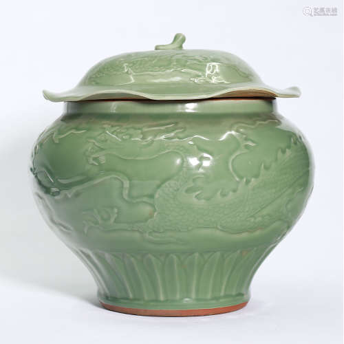 Long Quan Kiln Large Celadon Lotus Jar With Dragon Print
