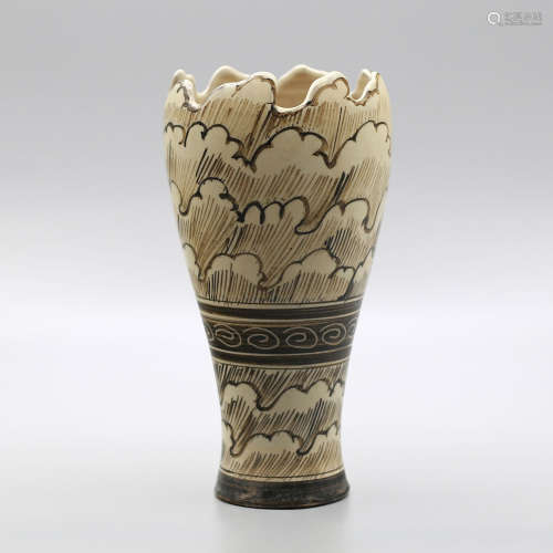 Ci Zhou Kiln Vase With Ocean Waves Pattern in White Glaze.