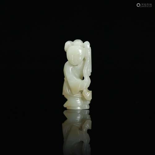 He Tian White Jade Figure with Boy Holding Lotus Flower.