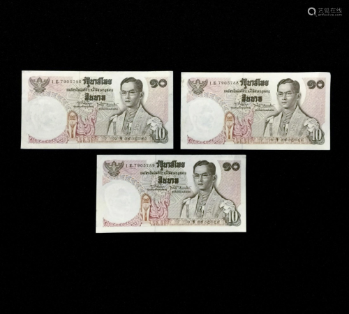 3 THAILAND, 10 BAHT UNC BANKNOTE PAPER MO…