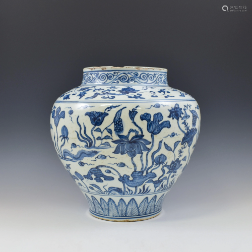 MING BLUE & WHITE LOTUS POND JAR