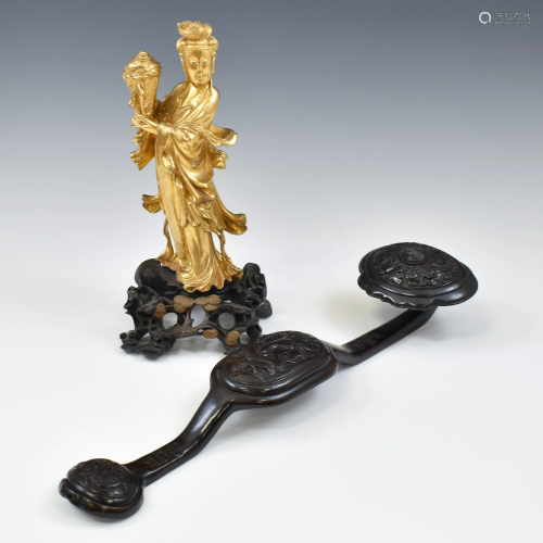 CHINESE RUYI SCEPTER AND GILT WOOD CARVED G…
