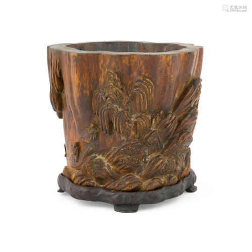 CHENXIANG CARVED BRUSH POT AND STAND