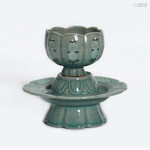 Gao Li Celadon Flower Mouthed with Carved Zanto and Cup.