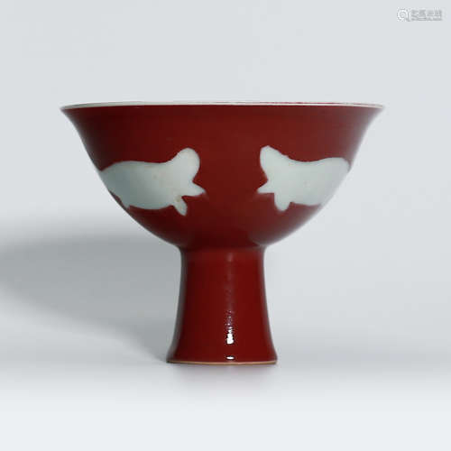 Red Glazed White Body Tall Cup with Three Fish Pattern-Ming Dynasty Xuan De Period.