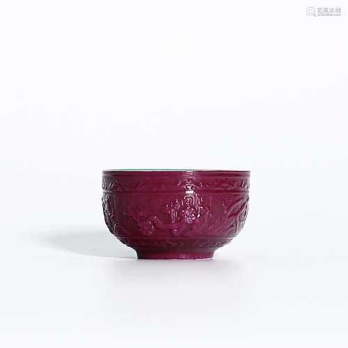 Powder Red Glazed Small Cup with Inside Blue & Raised Flowers, Bamboo Pattern.