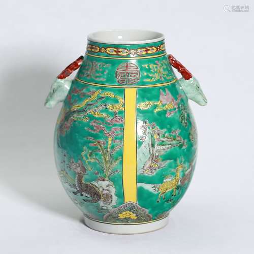Deer Head Liquor Cup in Green With Colorful Pink-Qing Dynasty Kang Xi Era