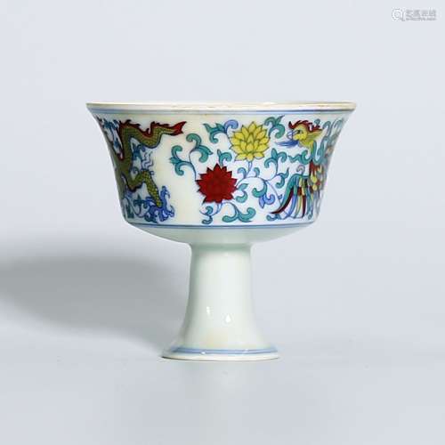 Famille-Verte Tall Feet Cup with Dragon Phoenix Pattern-Ming Dynasty, Cheng Hua Period.