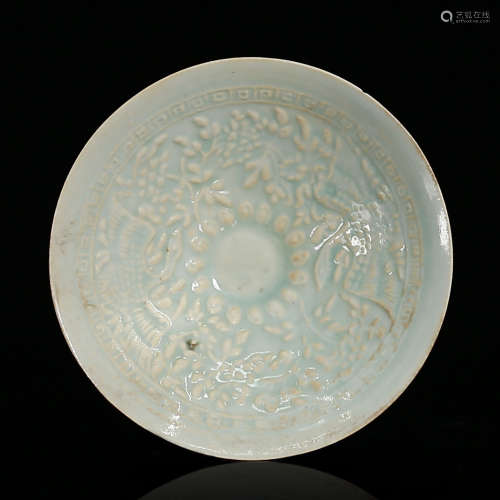 Hu Tian Kiln Bowl with Double Phoenix Pattern in Cyan White Glaze