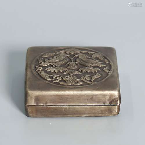 Brass Compact with Raised Carved Bird Pattern.