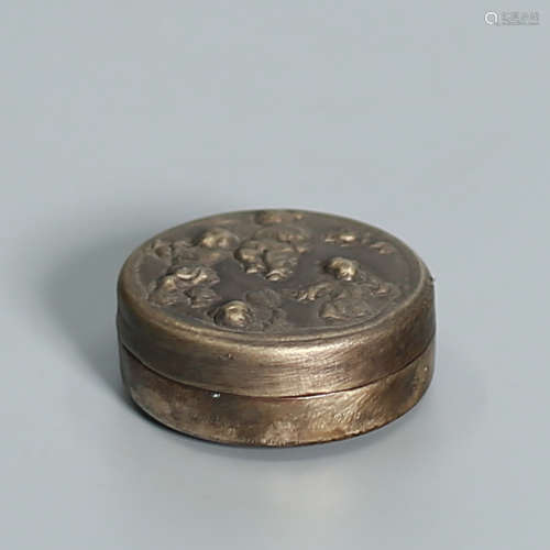 Bronze Round Box with Raised Carved Baby Playing Pattern.