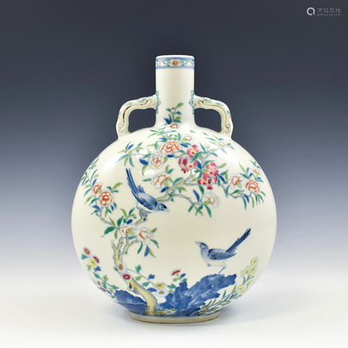 QIANLONG DOUCAI BIRD & FLORAL MOON VASE