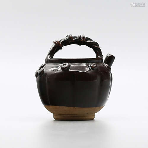 Ci Zhou Kiln Tall Handle Pot in Black Glaze.