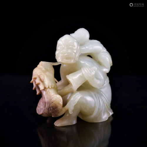 FINE CARVED WHITE JADE OF ELDER W/ DRAGON